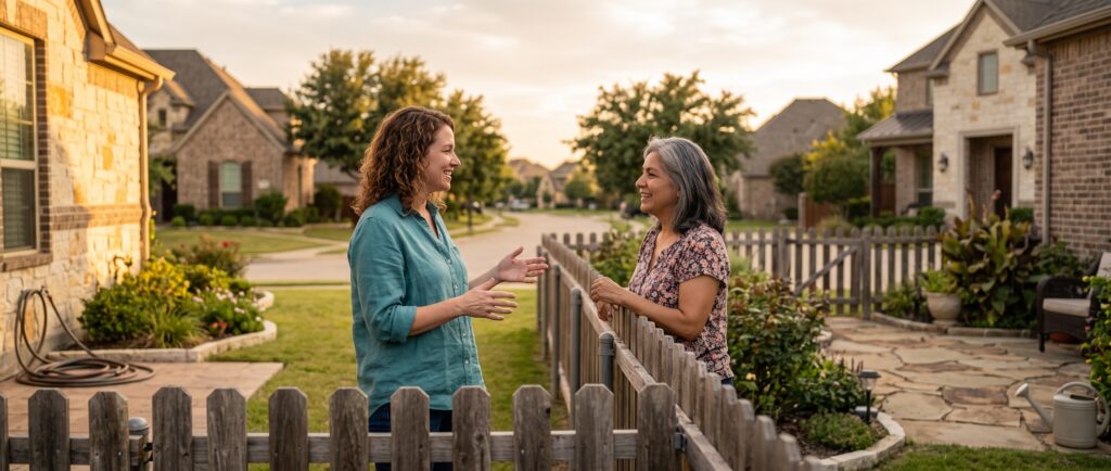 Neighbors outside chit chatting with one another